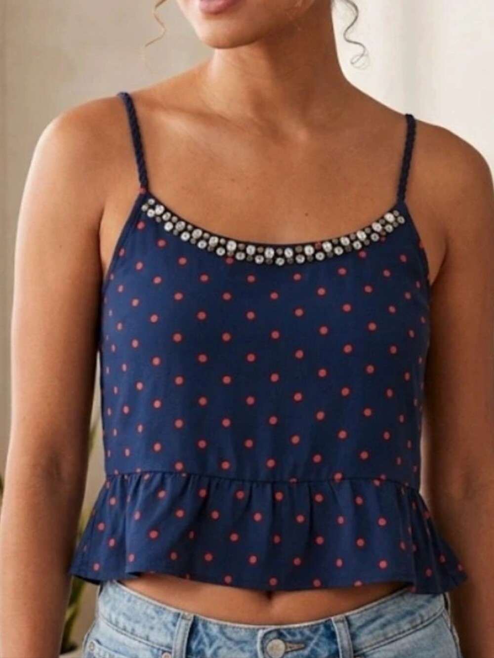 A&F Navy & Red Polka Dot Sparkle Hardware Ruffle Crop Top Braided Straps, Size M